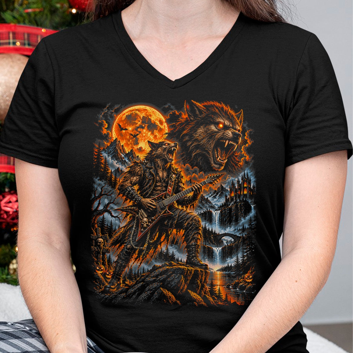 Guitar Lover Shirt, Funny Guitar UnisexT-Shirt/Hoodie/Sweatshirt HLT00 - Werewolf Howling Moon Men Women Playing Guitar Halloween T-Shirt