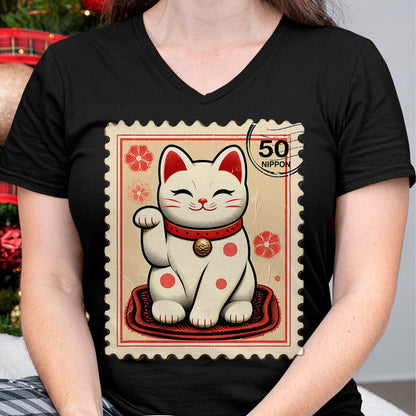 Cat Love Shirt, Funny Cat Lover Gift UnisexT-Shirt/Hoodie/Sweatshirt HLT00 - Maneki Neko Japanese Kawaii Lucky Cat Stamp Retro Aesthetic T-Shirt