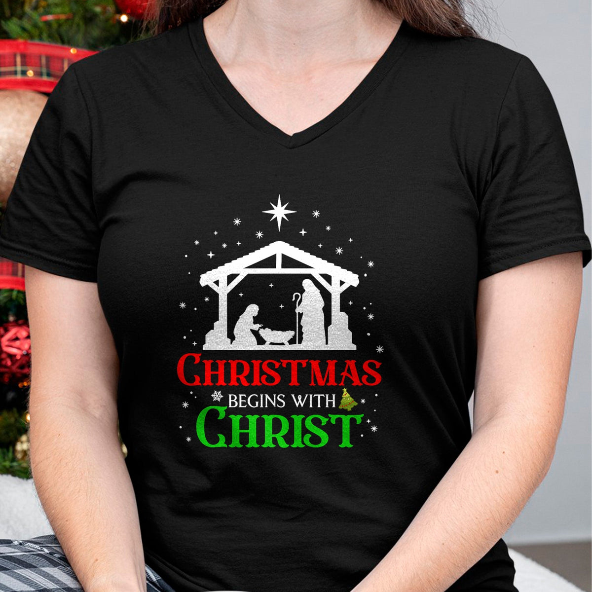 Christian Tee, Christian Faith Unisex T-Shirt/Hoodie/Sweatshirt HLT00 - Christmas Begins With Christ Christian Religious Jesus Xmas T-Shirt