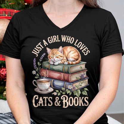 Cat Love Shirt, Funny Cat Lover Gift UnisexT-Shirt/Hoodie/Sweatshirt HLT00 - Just A Girl Who Loves Cats and Books Reading Librarian T-Shirt