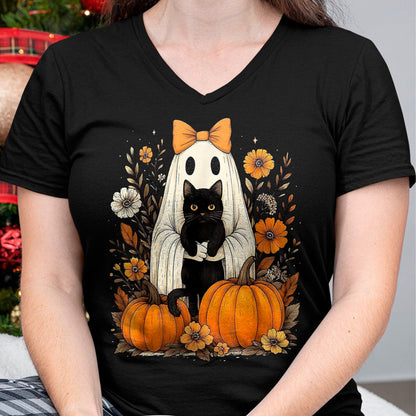 Cat Love Shirt, Funny Cat Lover Gift UnisexT-Shirt/Hoodie/Sweatshirt HLT00 - Vintage Halloween Ghost Holding Black Cat Groovy Floral T-Shirt, Women_s Plus, Black, 2X