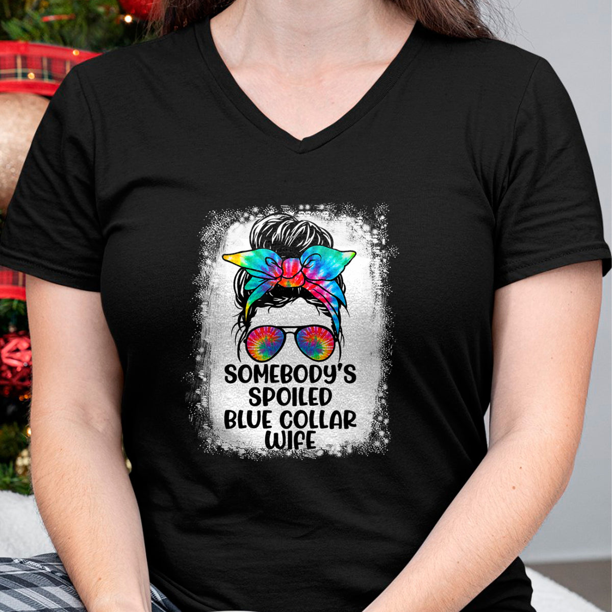 Best Wife Shirt, Wife and Husband Unisex T-Shirt/Hoodie/Sweatshirt HLT00 - Gift for wife T shirt, spoiled wife   Funny Somebody's Spoiled Blue Collar Wife Messy Bun Tie Dye T- (1)
