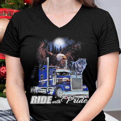 Best Truck Driver Life Shirt, Funny Trucker UnisexT-Shirt/Hoodie/Sweatshirt HLT00 - Ride with Pride Trucker Eagle Wolf T-Shirt