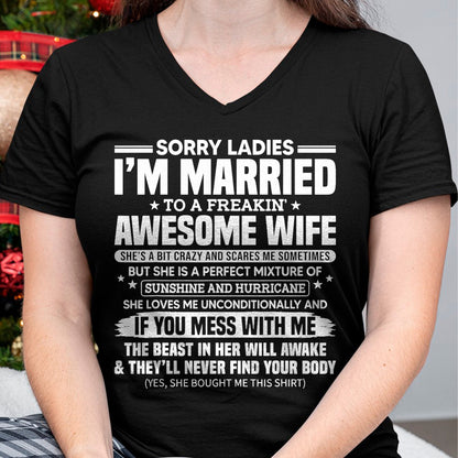 Best Husband Shirt, Wife and Husband Unisex T-Shirt/Hoodie/Sweatshirt HLT00 - Sorry Ladies I_m Married to A Freakin_ Awesome Wife Gift T-Shirt (2)