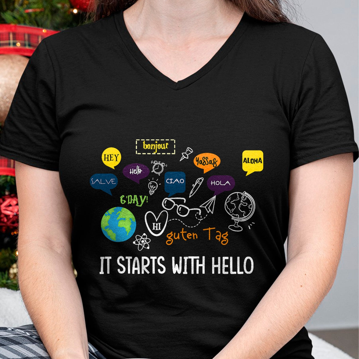 Best Teacher Shirt, Funny Teacher UnisexT-Shirt/Hoodie/Sweatshirt HLT00 - It Starts with Hello Friendship Inclusion Language Teacher T-Shirt (1)