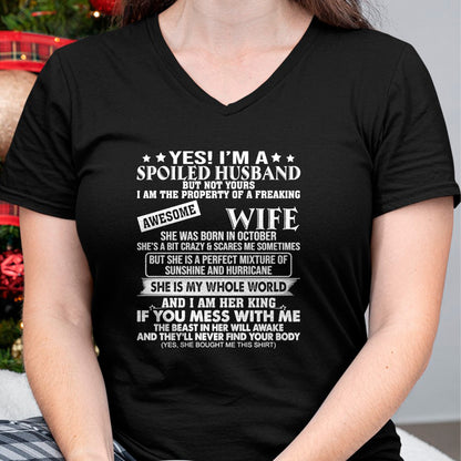 Best Wife Shirt, Wife and Husband Unisex T-Shirt/Hoodie/Sweatshirt HLT00 - I'm A Spoiled Husband Of A Freaking Awesome Wife OCTOBER Long Sleeve T-Shirt