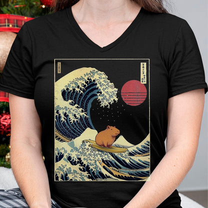 Cute Capybara Shirt, Funny Capybara Unisex T-Shirt/Hoodie/Sweatshirt HLT00 - Capybara Japanese Kanagawa Wave Funny Surf Animal T-Shirt, Men, Black, 3X-Large