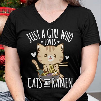 Cat Love Shirt, Funny Cat Lover Gift UnisexT-Shirt/Hoodie/Sweatshirt HLT00 - Just A Girl Who Loves Cats And Ramen T-Shirt