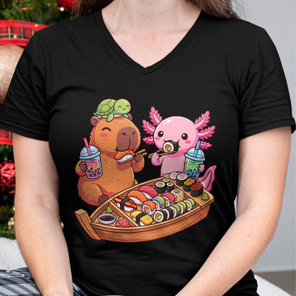 Cute Capybara Shirt, Funny Capybara Unisex T-Shirt/Hoodie/Sweatshirt HLT00 - Kawaii Capybara Axolotl Sushi Nigiri Chopsticks Anime Food T-Shirt