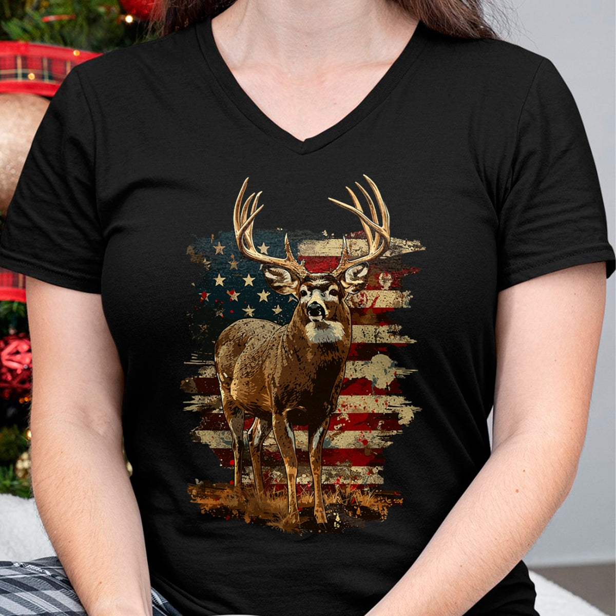 Funny Hunting Shirt, Gift For Hunting Lover Unisex T-Shirt/Hoodie/Sweatshirt HLT00 - Whitetail Buck Deer Hunting 4th of July USA American Flag T-Shirt