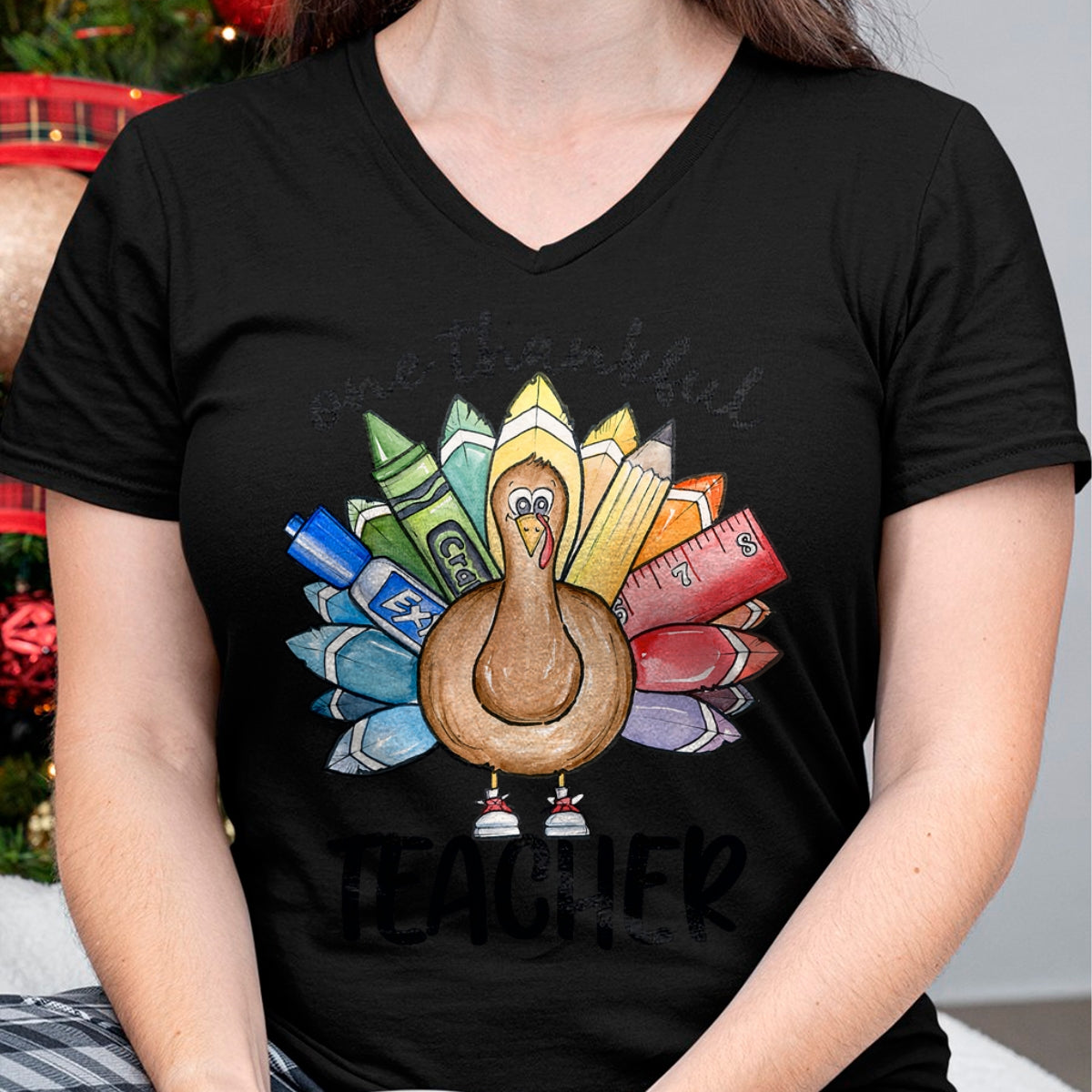 Best Thanksgiving Family Shirt , Funny Thanksgiving UnisexT-Shirt/Hoodie/Sweatshirt HLT00 - One Thankful Teacher Thanksgiving Turkey, Cute Crayon Pencil T-Shirt