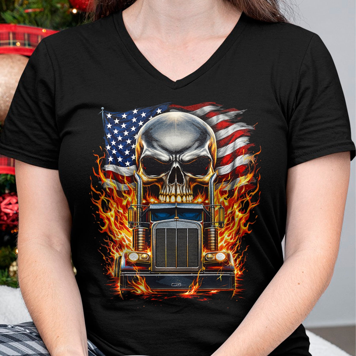 Best Truck Driver Life Shirt, Funny Trucker UnisexT-Shirt/Hoodie/Sweatshirt HLT00 - Trucker Patriotic American Flag Semi Truck Driver Skull T-Shirt (3)
