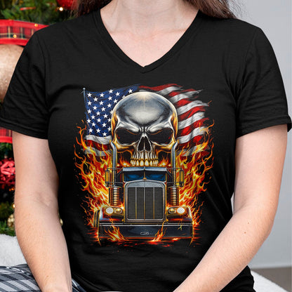 Best Truck Driver Life Shirt, Funny Trucker UnisexT-Shirt/Hoodie/Sweatshirt HLT00 - Trucker Patriotic American Flag Semi Truck Driver Skull T-Shirt (3)