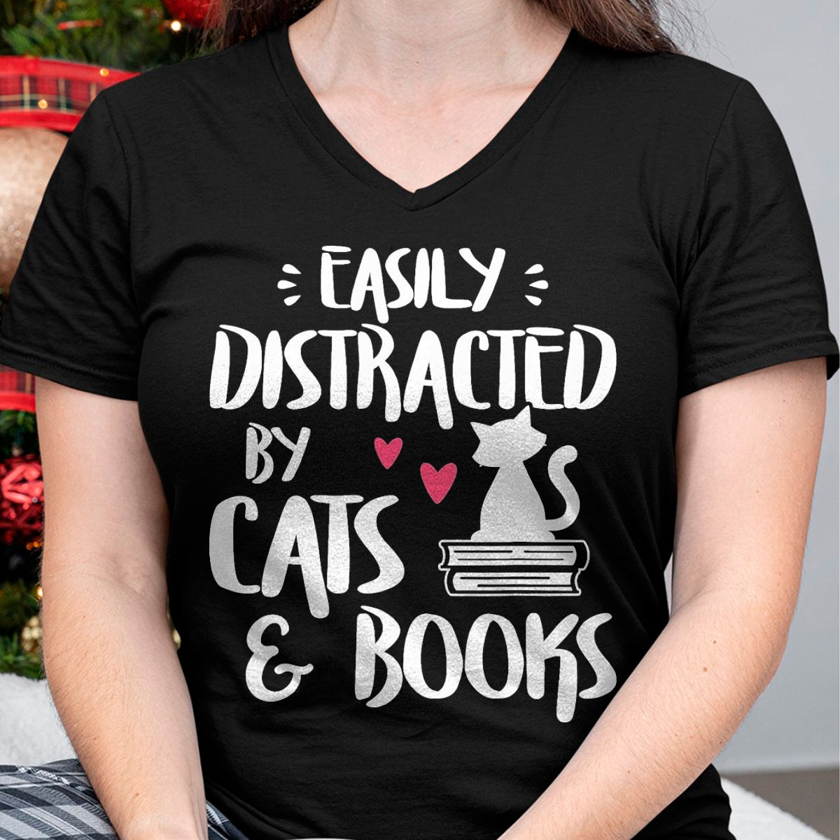 Cat Love Shirt, Funny Cat Lover Gift UnisexT-Shirt/Hoodie/Sweatshirt HLT00 - Easily Distracted by Cats and Books - Cat & Book Lover T-Shirt