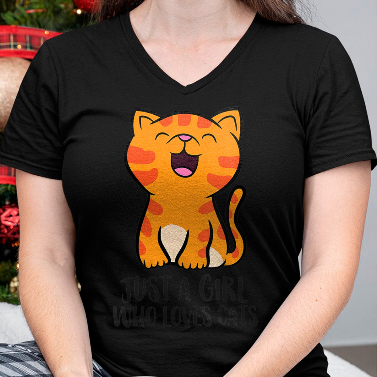 Cat Love Shirt, Funny Cat Lover Gift UnisexT-Shirt/Hoodie/Sweatshirt HLT00 - Womens Just a Girl Who Loves Cats Kitten V-Neck T-Shirt (1)
