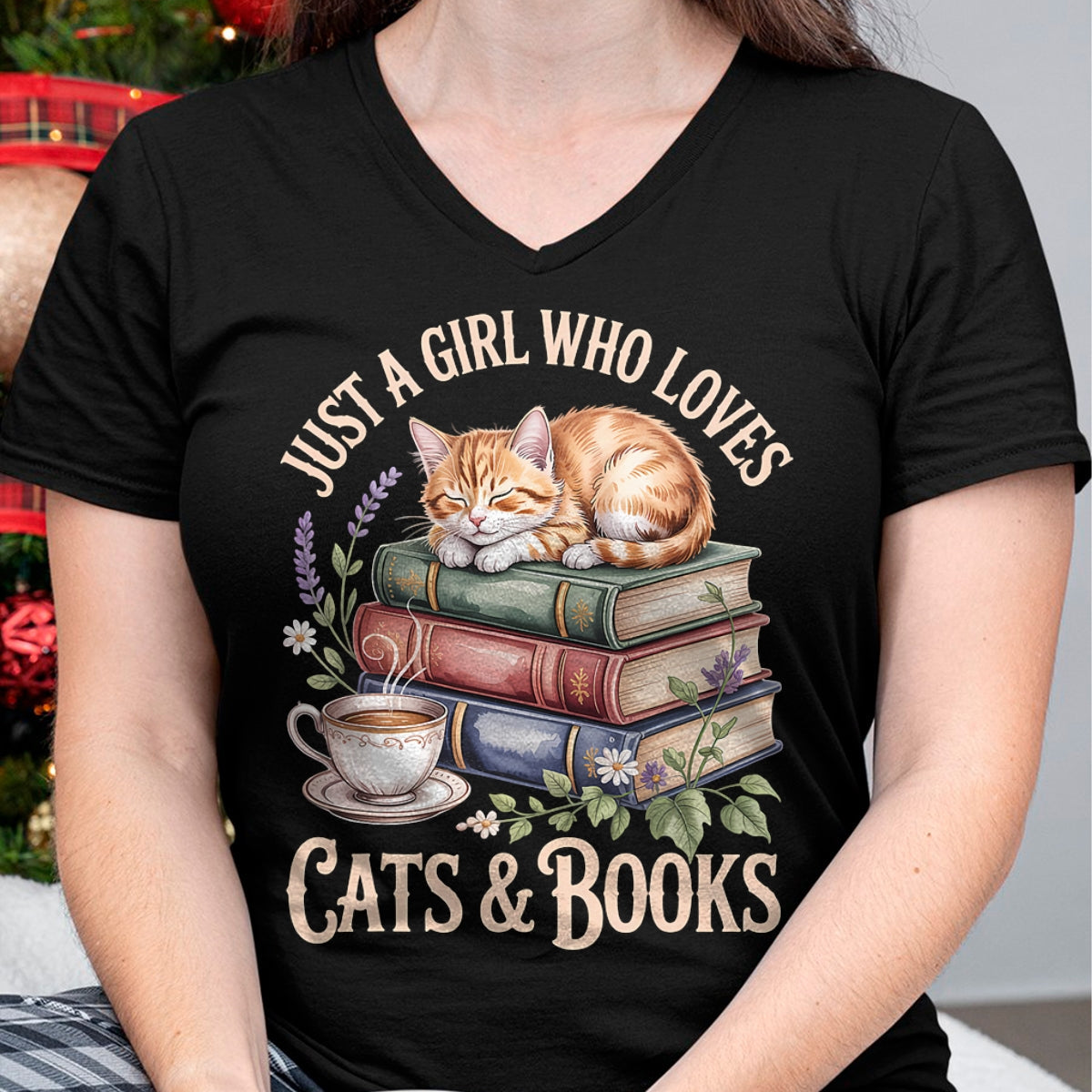 Cat Love Shirt, Funny Cat Lover Gift UnisexT-Shirt/Hoodie/Sweatshirt HLT00 - Just A Girl Who Loves Cats and Books Reading Librarian T-Shirt (1)