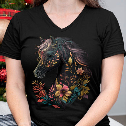 Best Horse Lover Shirt , Funny Horse UnisexT-Shirt/Hoodie/Sweatshirt HLT00 - Beautiful Horse with Flowers and Plants Equestrian Art Black Long Sleeve T-Shirt