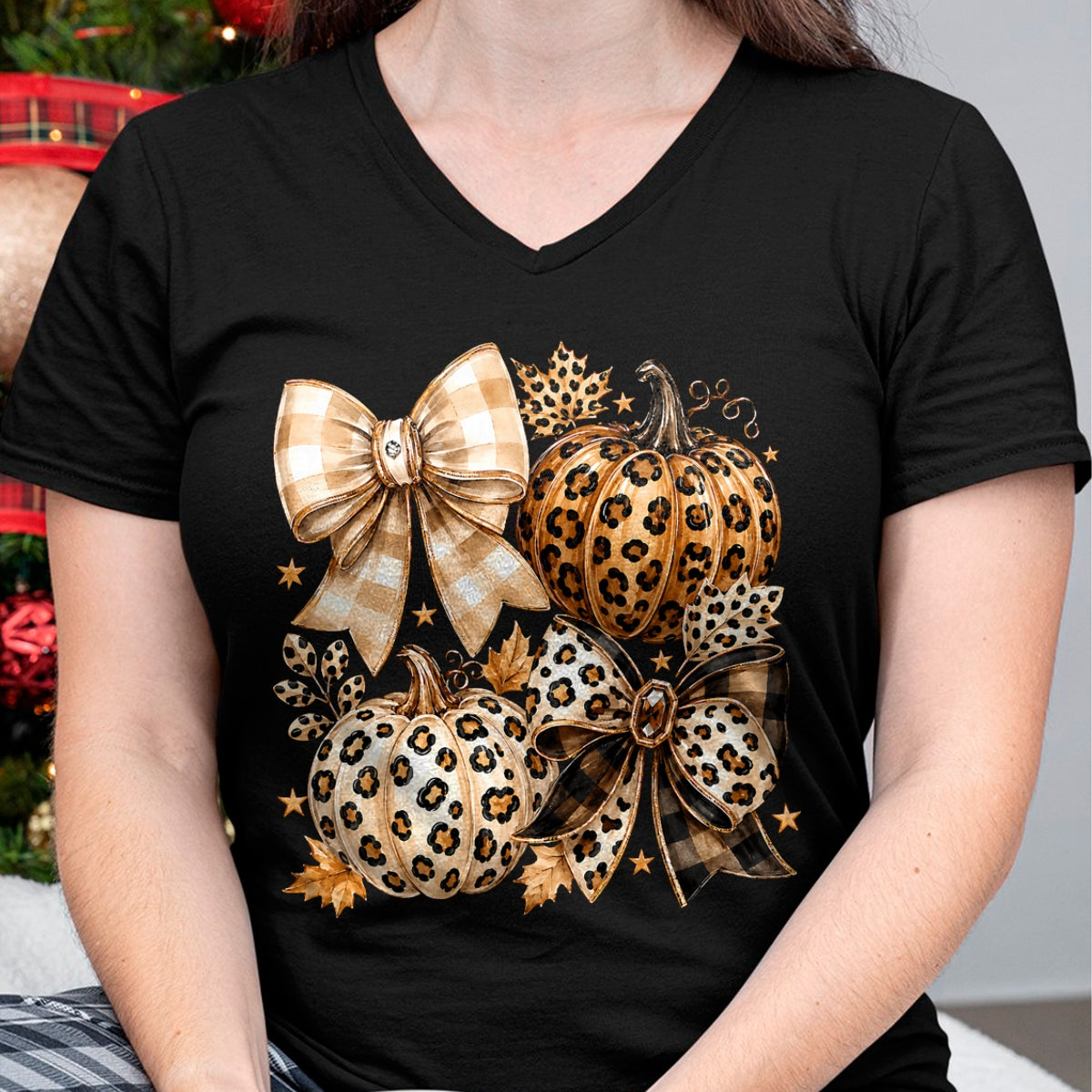 Best Thanksgiving Family Shirt , Funny Thanksgiving UnisexT-Shirt/Hoodie/Sweatshirt HLT00 - Coquette Bow Leopard Pumpkin Thanksgiving Autumn Fall Leaves T-Shirt