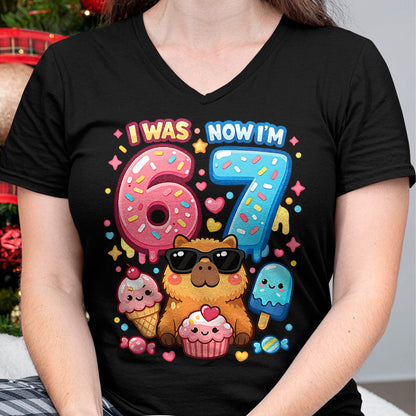 Cute Capybara Shirt, Funny Capybara Unisex T-Shirt/Hoodie/Sweatshirt HLT00 - I was 6 Now I_m 7 Birthday 67 Meme Capybara Ice Cream Kawaii T-Shirt