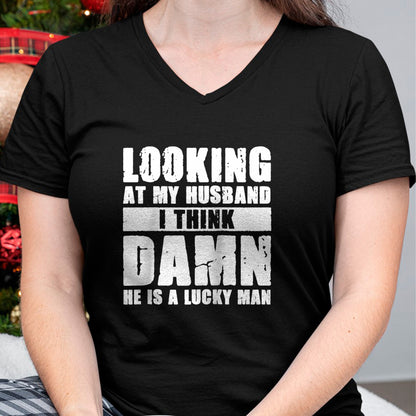 Best Wife Shirt, Wife and Husband Unisex T-Shirt/Hoodie/Sweatshirt HLT00 - Gift for wife T shirt, lucky wife   He is a Lucky Husband - Anniversary Gift - Man & Wife Raglan Bas