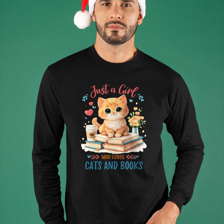 Cat Love Shirt, Funny Cat Lover Gift UnisexT-Shirt/Hoodie/Sweatshirt HLT00 - Just a Girl Who Loves Cats and Books Reading Cat & Bookworm Long Sleeve T-Shirt