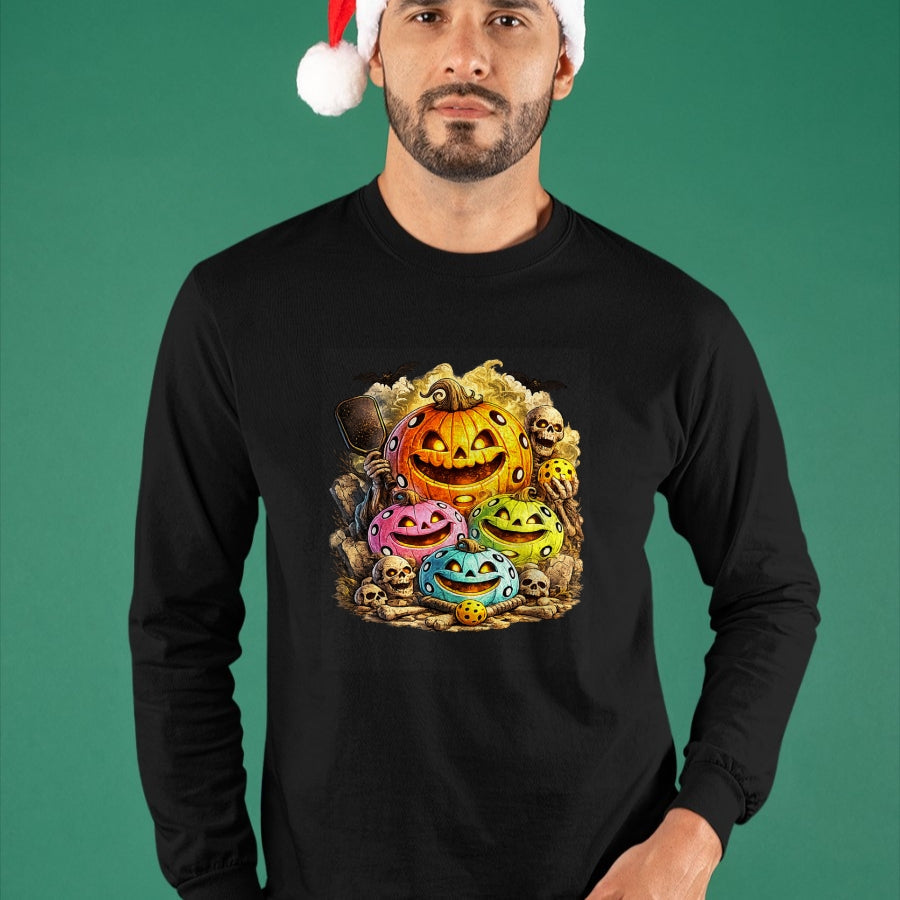 Funny Pickleball Shirt, Pickleball Lover Unisex T-Shirt/Hoodie/Sweatshirt HLT00 - Halloween Pickleball Pumpkins and Skeletons T-Shirt