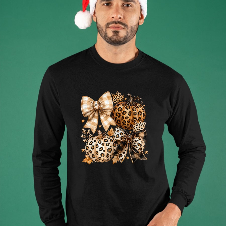 Best Thanksgiving Family Shirt , Funny Thanksgiving UnisexT-Shirt/Hoodie/Sweatshirt HLT00 - Coquette Bow Leopard Pumpkin Thanksgiving Autumn Fall Leaves T-Shirt