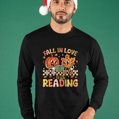 Best Teacher Shirt, Funny Teacher UnisexT-Shirt/Hoodie/Sweatshirt HLT00 - Fall in Love with Reading Autumn Pumpkin Teacher Book Lover T-Shirt