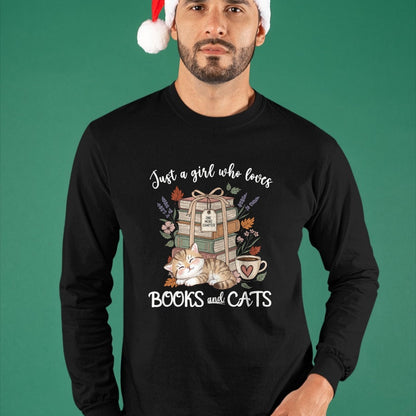 Cat Love Shirt, Funny Cat Lover Gift UnisexT-Shirt/Hoodie/Sweatshirt HLT00 - Pretty Just a Girl Who Loves Books and Cats Cat Lover Long Sleeve T-Shirt (1)