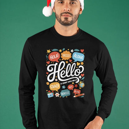 Best Teacher Shirt, Funny Teacher UnisexT-Shirt/Hoodie/Sweatshirt HLT00 - It Starts with Hello Friendship Inclusion Language Teacher T-Shirt (2)