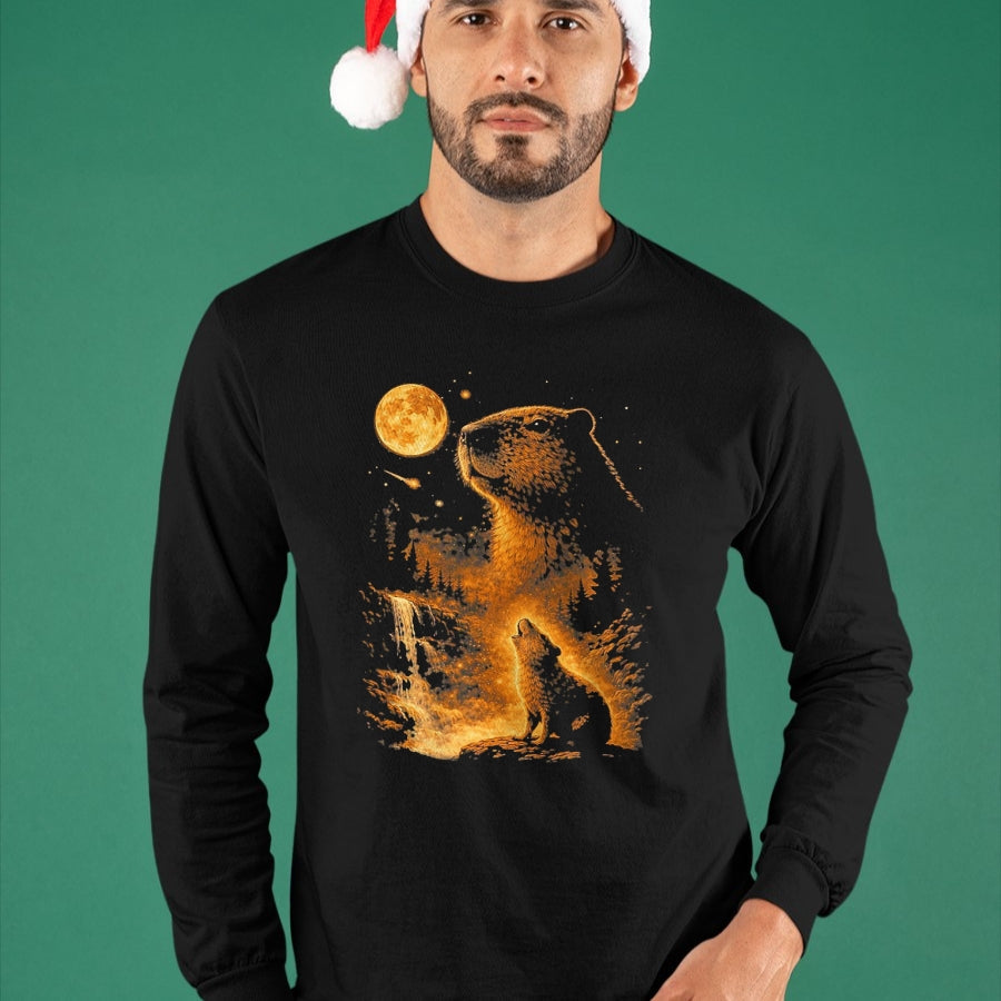 Cute Capybara Shirt, Funny Capybara Unisex T-Shirt/Hoodie/Sweatshirt HLT00 - Vintage Capybara Howling At The Moon Meme 90s Animal Graphic T-Shirt, Men, Black, 3X-Large