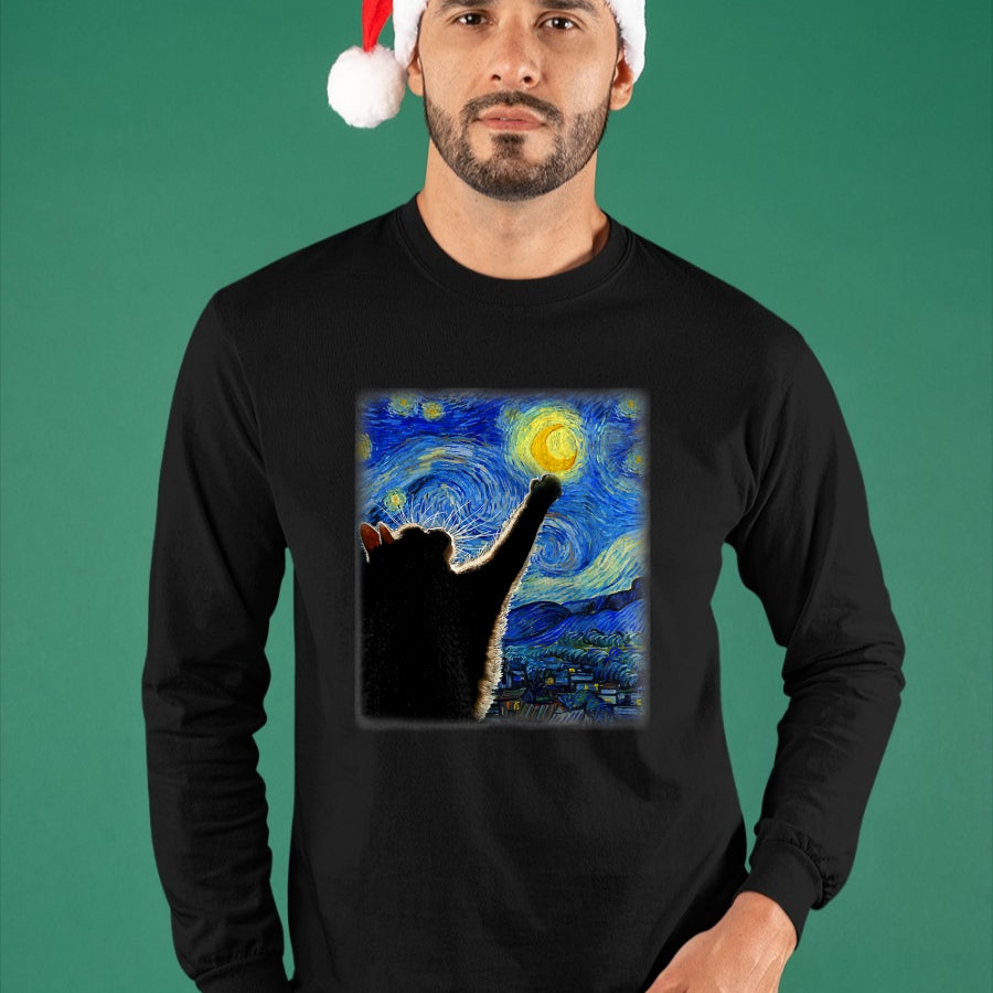 Best Thanksgiving Family Shirt , Funny Thanksgiving UnisexT-Shirt/Hoodie/Sweatshirt HLT00 - Starry Night Cat, Van Gogh Cat, Cat Lover, Cat Mom, Cat Dad T-Shirt, Black