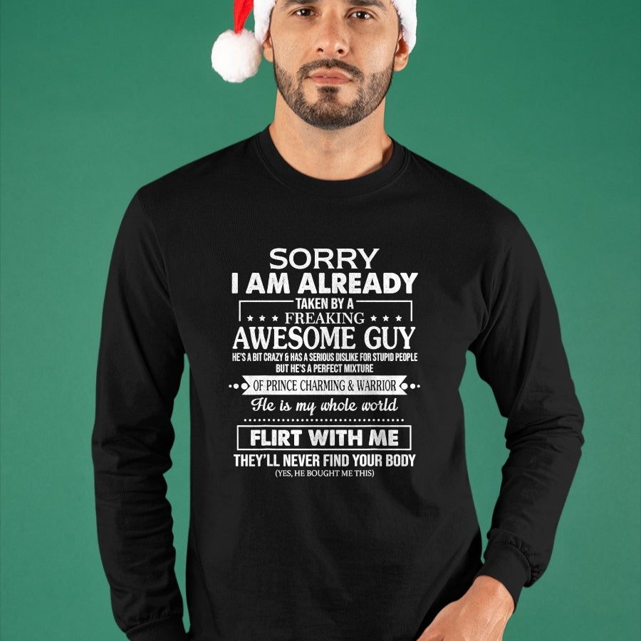 Best Wife Shirt, Wife and Husband Unisex T-Shirt/Hoodie/Sweatshirt HLT00 - Sorry I Am Already Taken By A Freaking Awesome Guy Husband T-Shirt (1)
