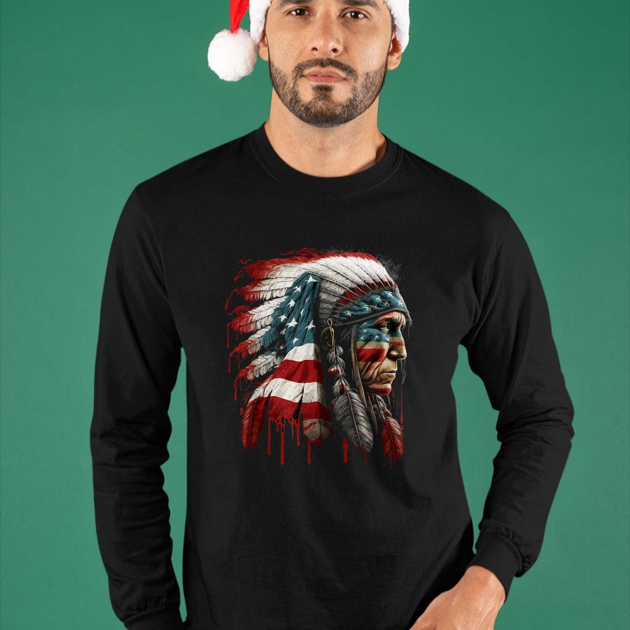 Native American T-Shirts, Vintage Native American Unisex T-Shirt/Hoodie/Sweatshirt HLT00 - Native American Indian Chief American USA Flag