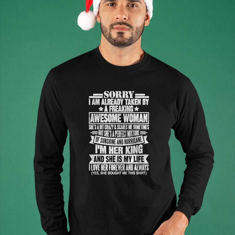 Best Wife Shirt, Wife and Husband Unisex T-Shirt/Hoodie/Sweatshirt HLT00 - Sorry I'm Taken by a Freaking Awesome Woman Funny Husband T-Shirt (1)