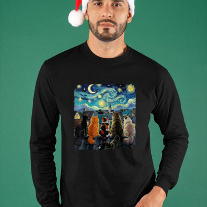 Cat Love Shirt, Funny Cat Lover Gift UnisexT-Shirt/Hoodie/Sweatshirt HLT00 - Funny Cat Starry Night Van Gogh Cats Rooftop Scene Feline T-Shirt, Women, Black, 3X-Large