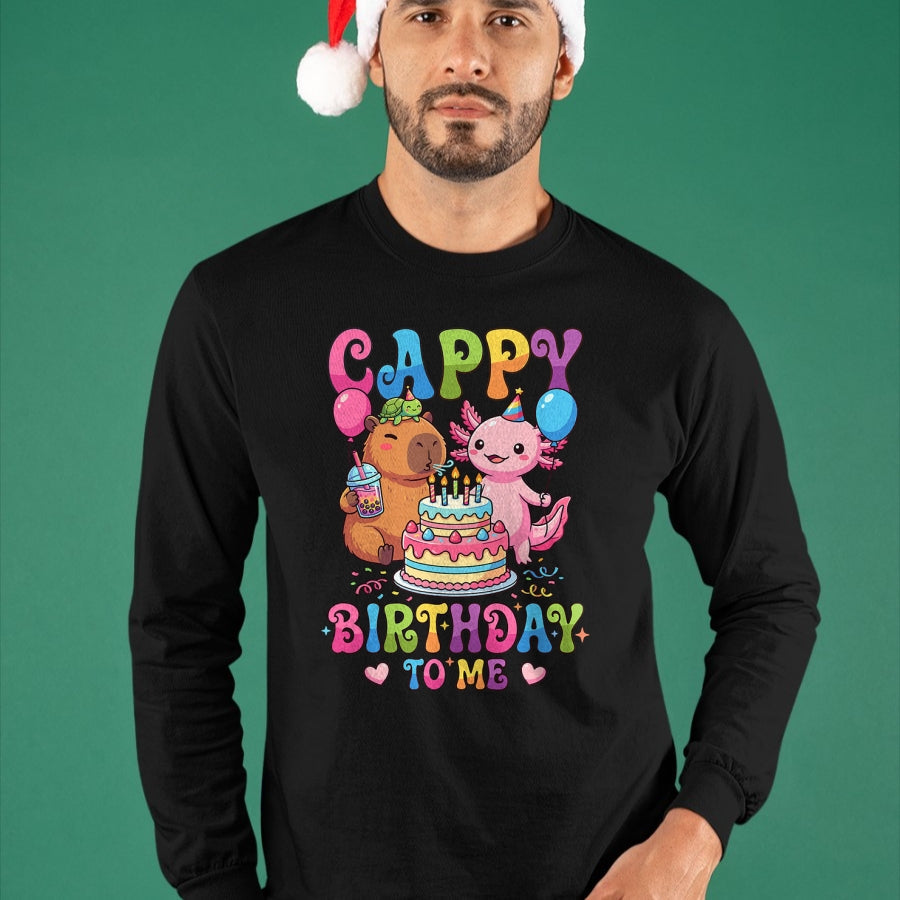 Cute Capybara Shirt, Funny Capybara Unisex T-Shirt/Hoodie/Sweatshirt HLT00 - Cute Happy Birthday to Me Capybara Axolotl Turtle Party T-Shirt