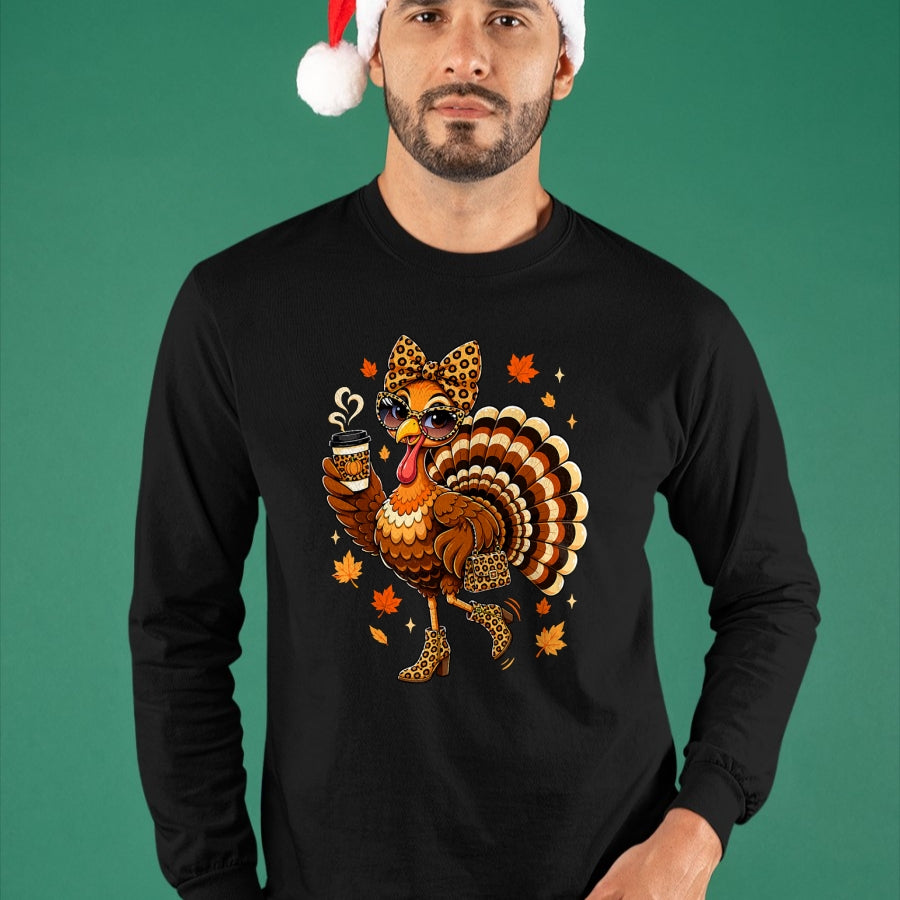 Best Thanksgiving Family Shirt , Funny Thanksgiving UnisexT-Shirt/Hoodie/Sweatshirt HLT00 - Leopard Turkey Drinking Coffee Women Thanksgiving Turkey Day T-Shirt