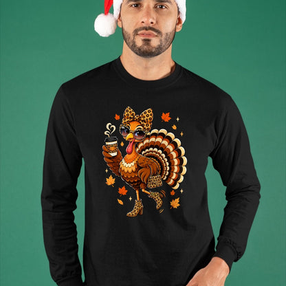 Best Thanksgiving Family Shirt , Funny Thanksgiving UnisexT-Shirt/Hoodie/Sweatshirt HLT00 - Leopard Turkey Drinking Coffee Women Thanksgiving Turkey Day T-Shirt