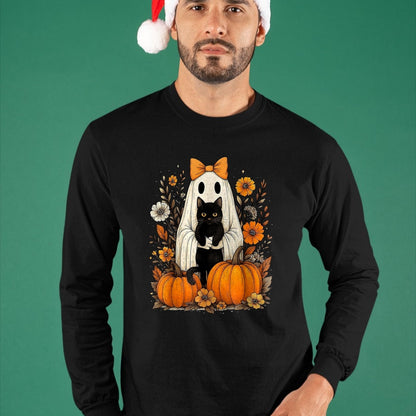 Cat Love Shirt, Funny Cat Lover Gift UnisexT-Shirt/Hoodie/Sweatshirt HLT00 - Vintage Halloween Ghost Holding Black Cat Groovy Floral T-Shirt, Women_s Plus, Black, 2X