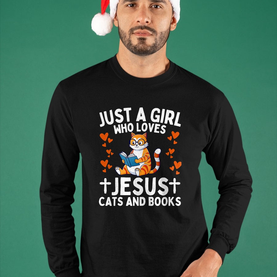 Cat Love Shirt, Funny Cat Lover Gift UnisexT-Shirt/Hoodie/Sweatshirt HLT00 - Just A Girl Who Loves Jesus Cats and Books Christian T-Shirt