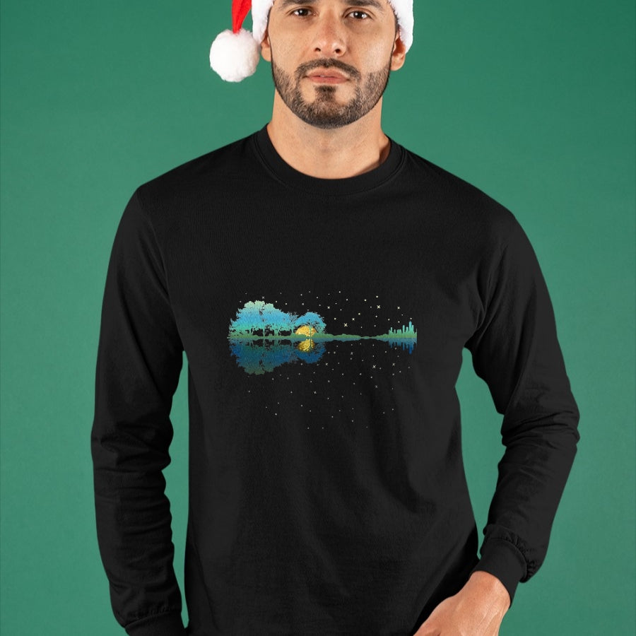 Guitar Lover Shirt, Funny Guitar UnisexT-Shirt/Hoodie/Sweatshirt HLT00 - Guitar Lake Reflections Night Sky and Moon Guitar T-Shirt, Men, Black, 3X-Large