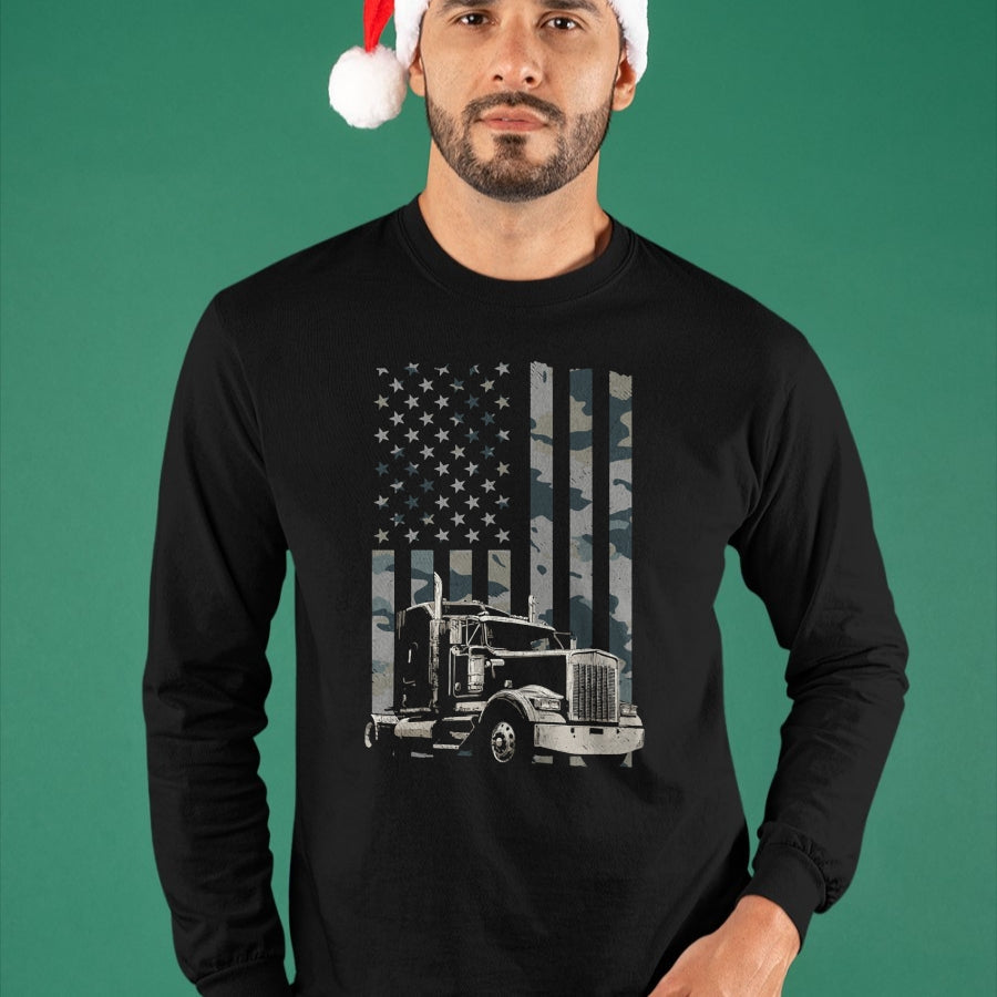 Best Truck Driver Life Shirt, Funny Trucker UnisexT-Shirt/Hoodie/Sweatshirt HLT00 - Trucker American Flag Trucking (Design on Back) Long Sleeve T-Shirt