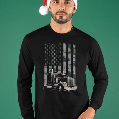 Best Truck Driver Life Shirt, Funny Trucker UnisexT-Shirt/Hoodie/Sweatshirt HLT00 - Trucker American Flag Trucking (Design on Back) Long Sleeve T-Shirt