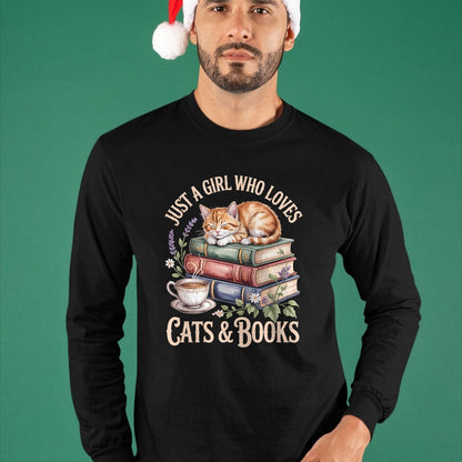 Cat Love Shirt, Funny Cat Lover Gift UnisexT-Shirt/Hoodie/Sweatshirt HLT00 - Just A Girl Who Loves Cats and Books Reading Librarian T-Shirt