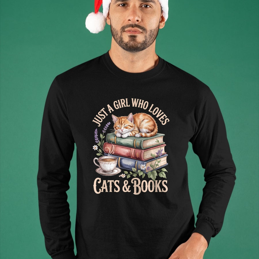 Cat Love Shirt, Funny Cat Lover Gift UnisexT-Shirt/Hoodie/Sweatshirt HLT00 - Just A Girl Who Loves Cats and Books Reading Librarian T-Shirt (1)