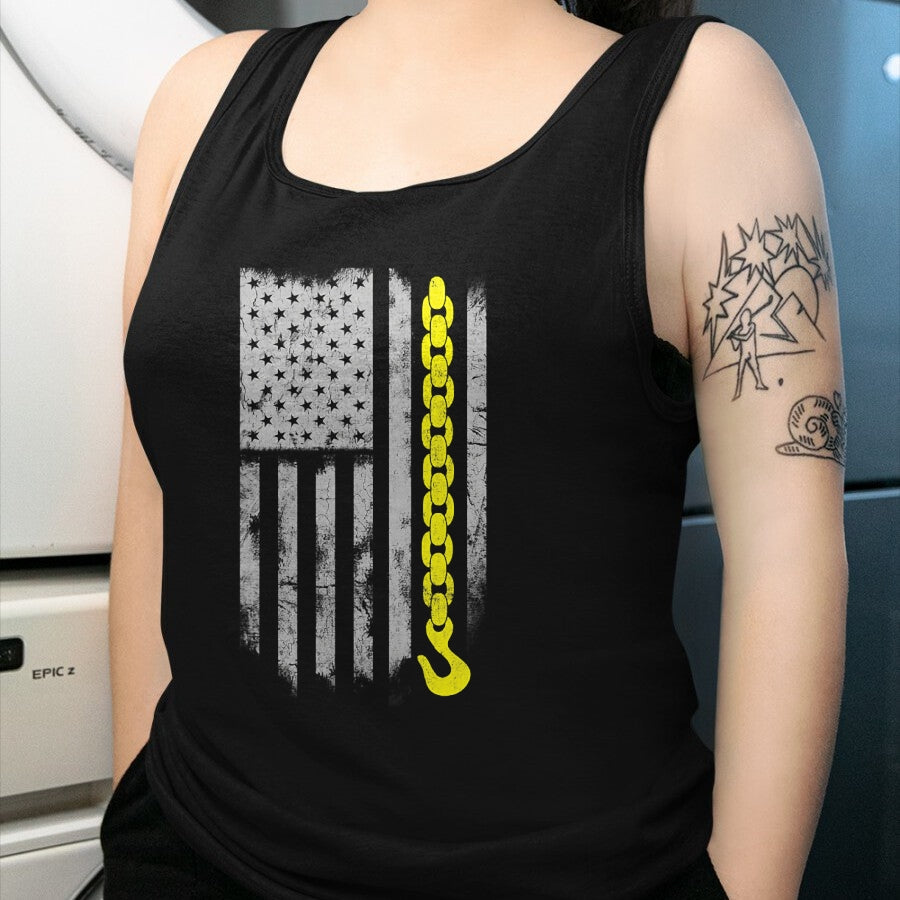 Best Truck Driver Life Shirt, Funny Trucker UnisexT-Shirt/Hoodie/Sweatshirt HLT00 - Yellow Tow Hook Chain Flag America Tow Truck Driver T-Shirt