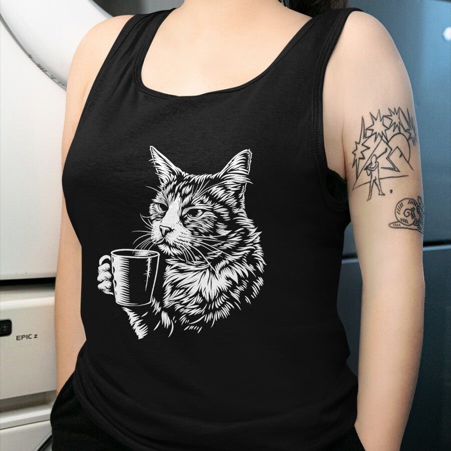 Cat Love Shirt, Funny Cat Lover Gift UnisexT-Shirt/Hoodie/Sweatshirt HLT00 - Cat Drinking Coffee Lover Barista Funny Animal Tired Cat T-Shirt