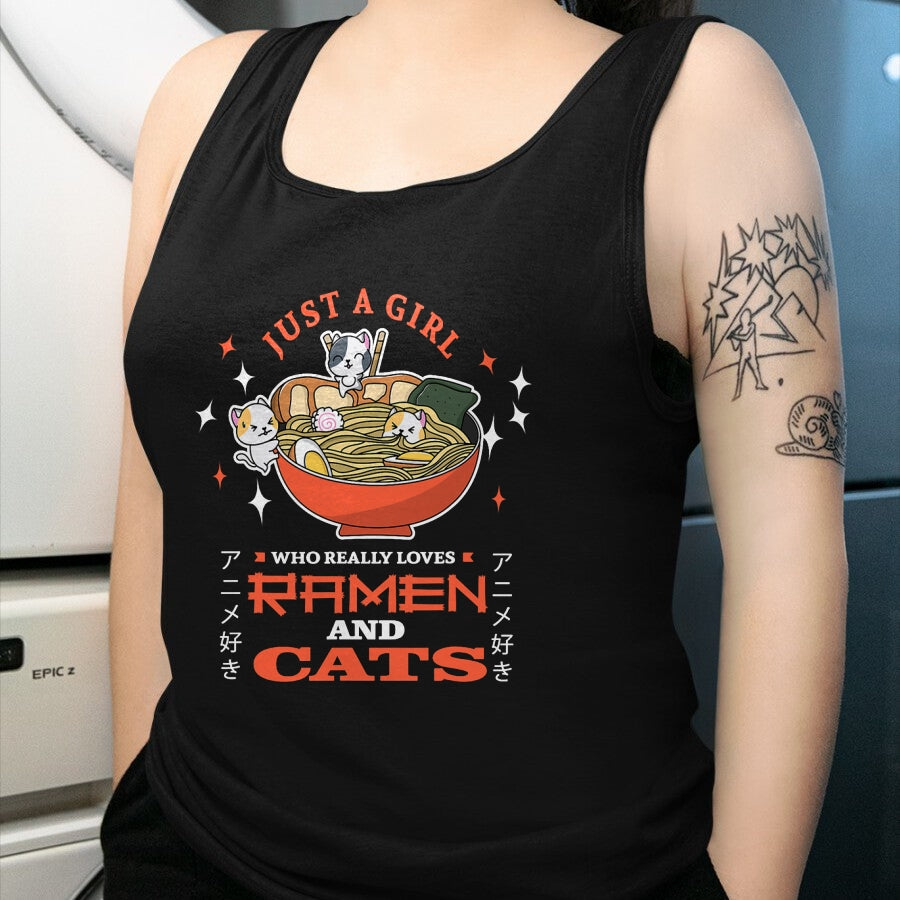 Cat Love Shirt, Funny Cat Lover Gift UnisexT-Shirt/Hoodie/Sweatshirt HLT00 - Just a girl who really loves Ramen and cats Design T-Shirt (1)