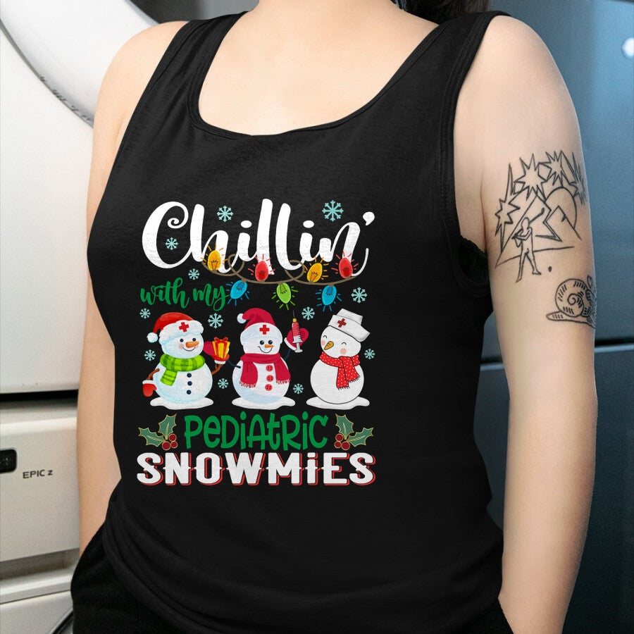 Funny Nurse Shirt, Nurse Unisex T-Shirt/Hoodie/Sweatshirt HLT00 - Chillin With My Pediatric Snowmies Nurse Light Christmas T-Shirt